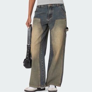 Edikted Two-Tone Wide Leg Jeans in Olive and Denim